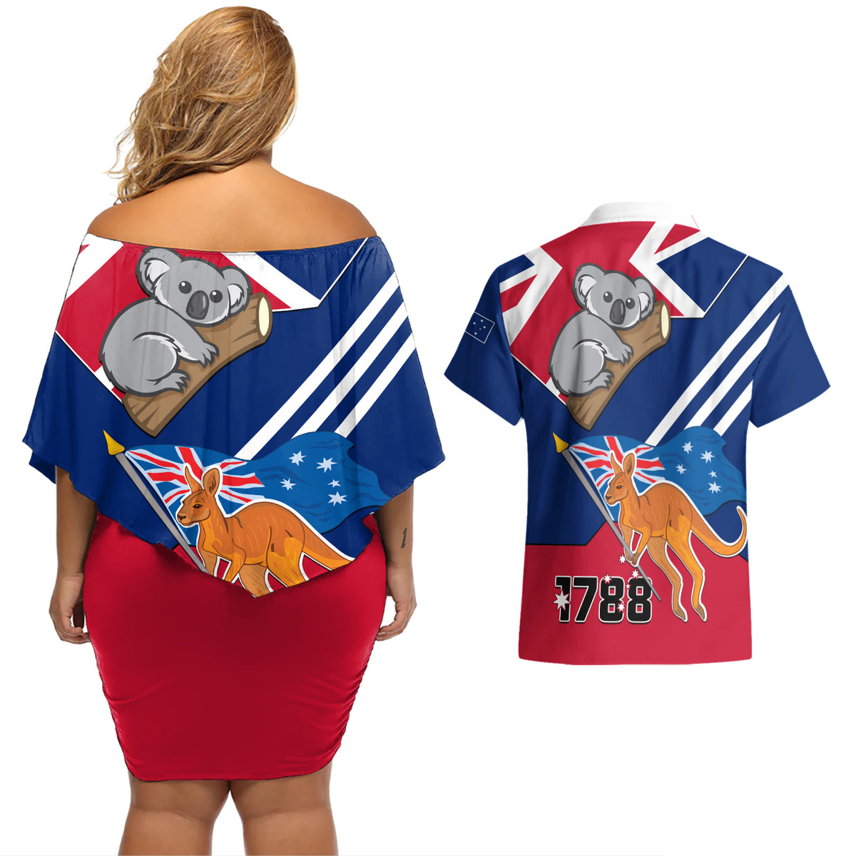 Australia Day Kangaroo and Koala With Flag Couples Matching Off Shoulder Short Dress and Hawaiian Shirt - Wonder Print Shop