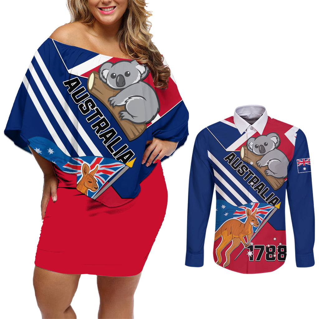 Australia Day Kangaroo and Koala With Flag Couples Matching Off Shoulder Short Dress and Long Sleeve Button Shirt - Wonder Print Shop