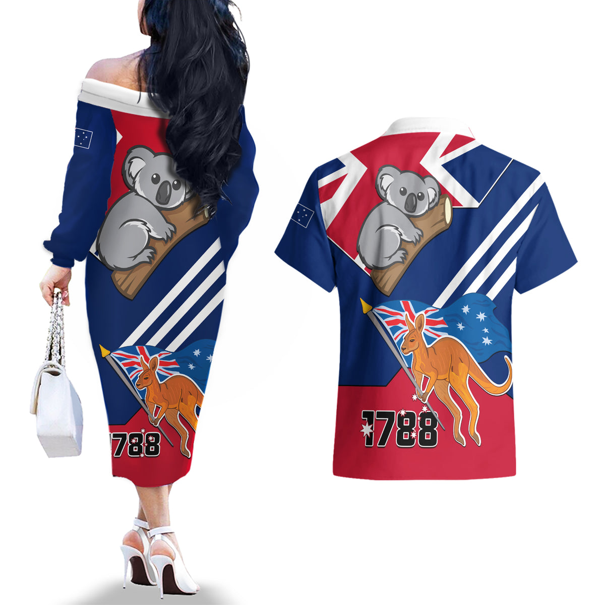 Australia Day Kangaroo and Koala With Flag Couples Matching Off The Shoulder Long Sleeve Dress and Hawaiian Shirt - Wonder Print Shop