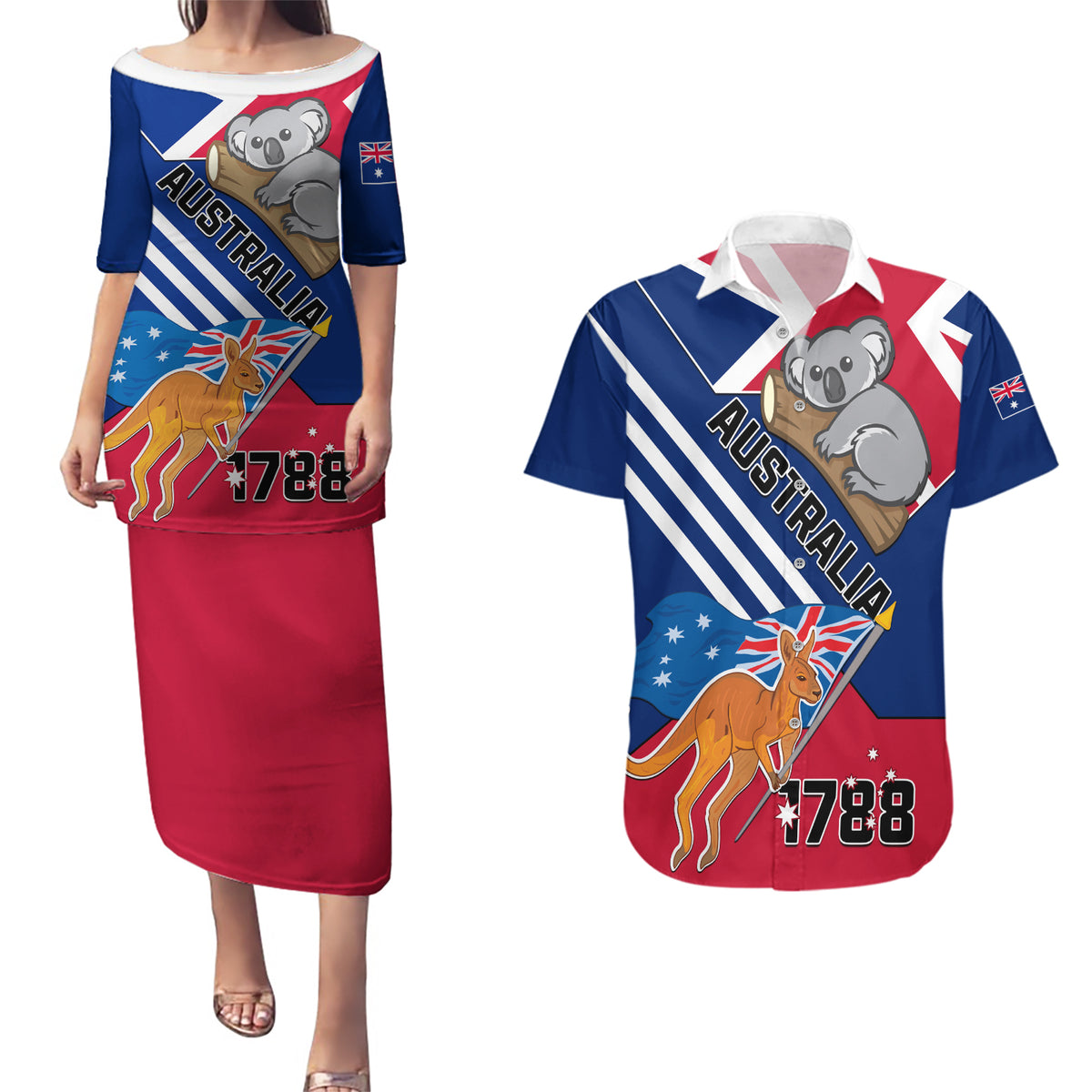 Australia Day Kangaroo and Koala With Flag Couples Matching Puletasi Dress and Hawaiian Shirt - Wonder Print Shop