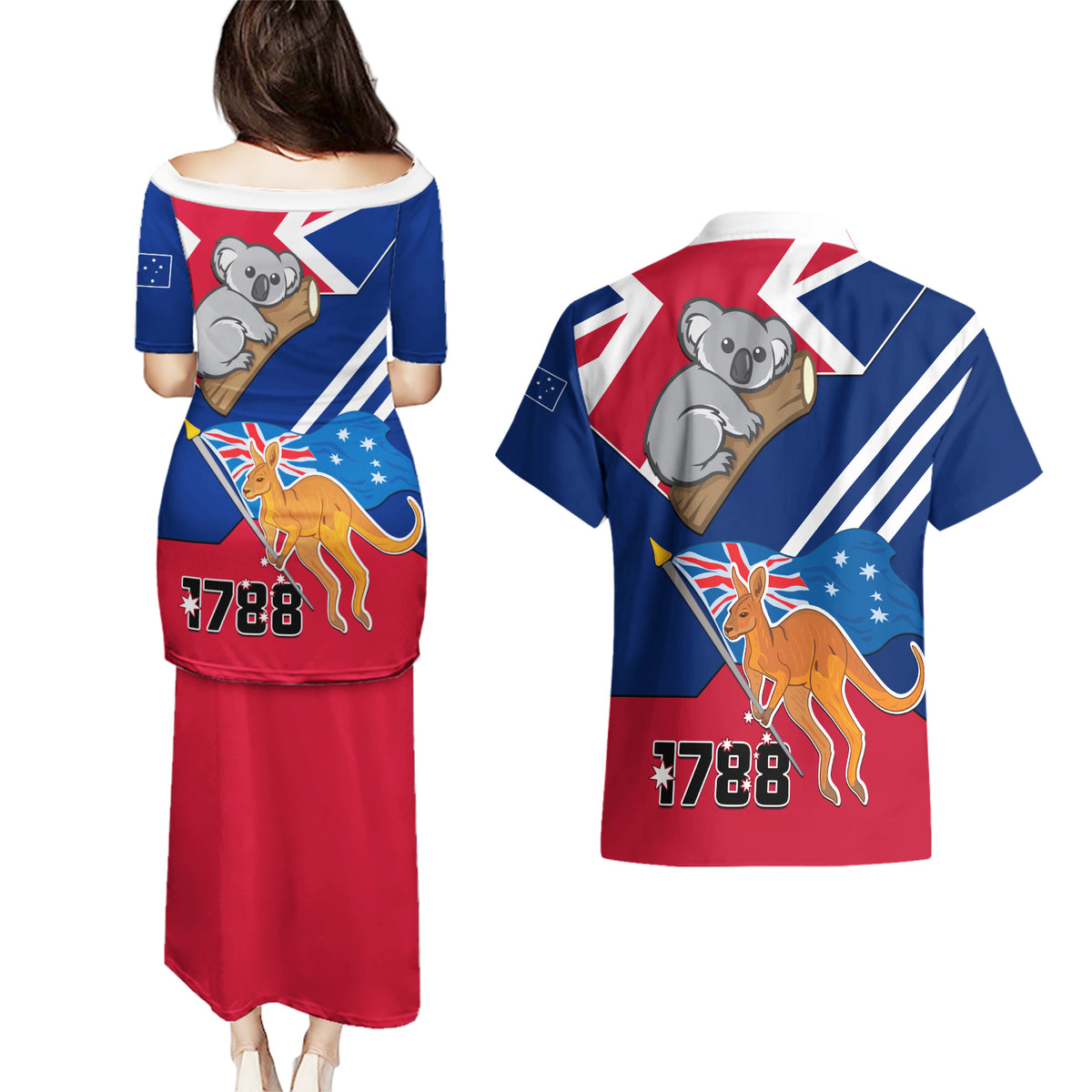 Australia Day Kangaroo and Koala With Flag Couples Matching Puletasi Dress and Hawaiian Shirt - Wonder Print Shop