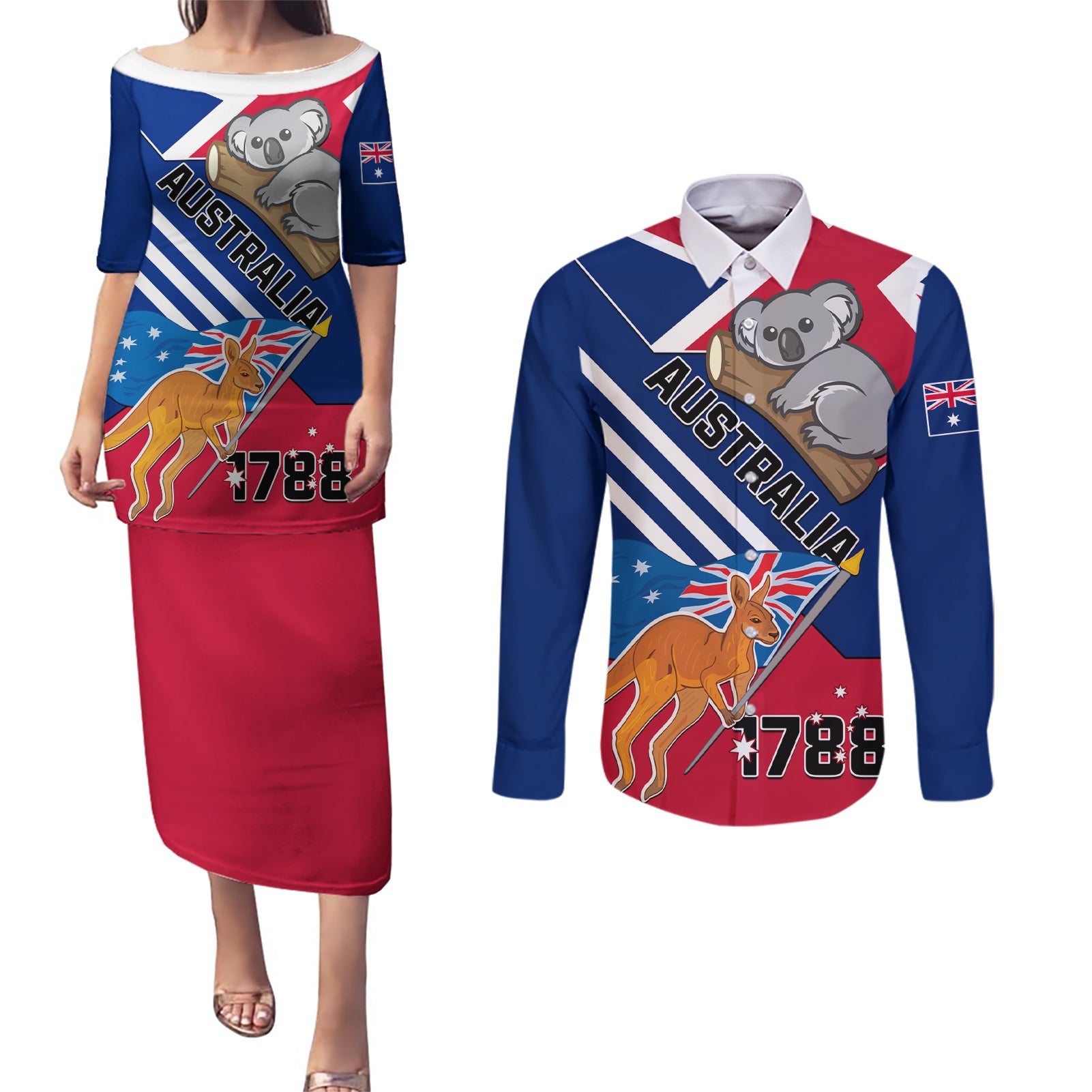 Australia Day Kangaroo and Koala With Flag Couples Matching Puletasi Dress and Long Sleeve Button Shirt - Wonder Print Shop
