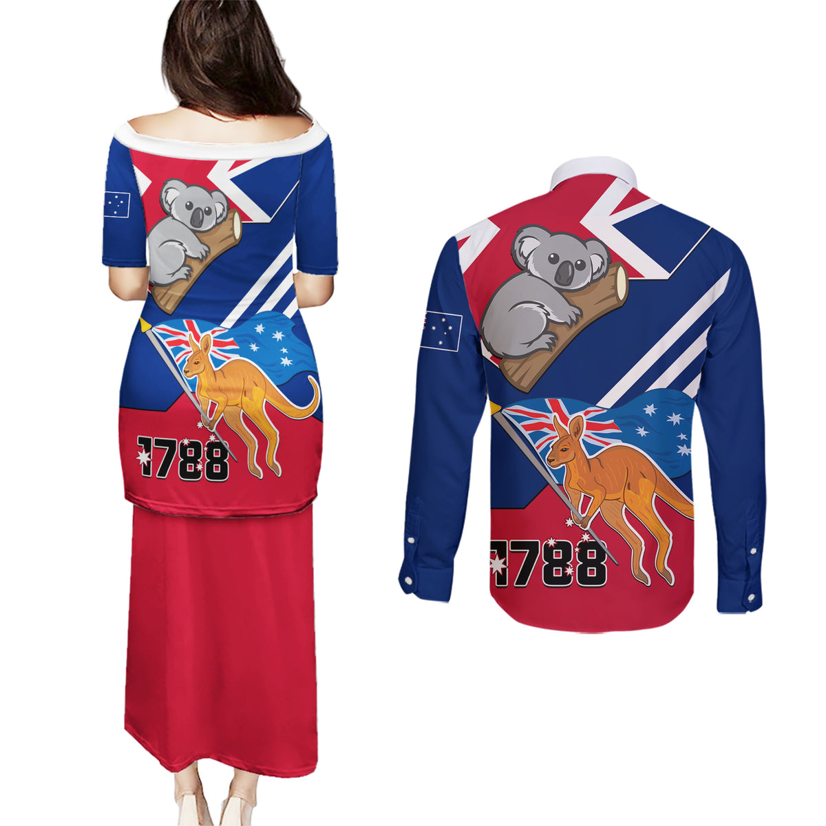 Australia Day Kangaroo and Koala With Flag Couples Matching Puletasi Dress and Long Sleeve Button Shirt - Wonder Print Shop