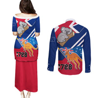 Australia Day Kangaroo and Koala With Flag Couples Matching Puletasi Dress and Long Sleeve Button Shirt - Wonder Print Shop