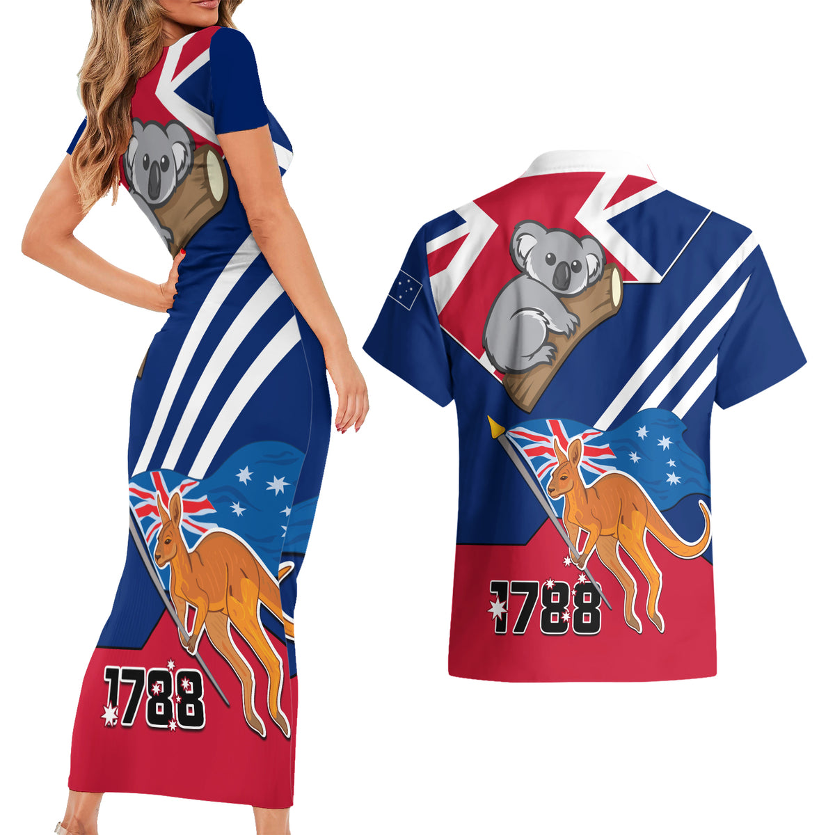 Australia Day Kangaroo and Koala With Flag Couples Matching Short Sleeve Bodycon Dress and Hawaiian Shirt - Wonder Print Shop