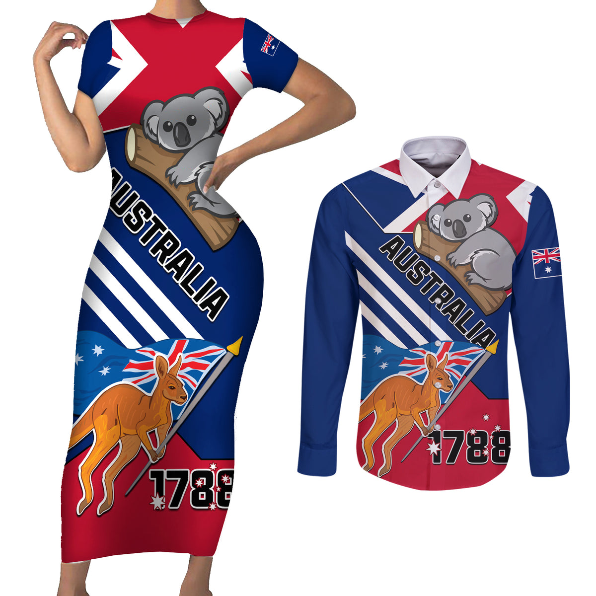 Australia Day Kangaroo and Koala With Flag Couples Matching Short Sleeve Bodycon Dress and Long Sleeve Button Shirt - Wonder Print Shop