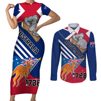 Australia Day Kangaroo and Koala With Flag Couples Matching Short Sleeve Bodycon Dress and Long Sleeve Button Shirt - Wonder Print Shop