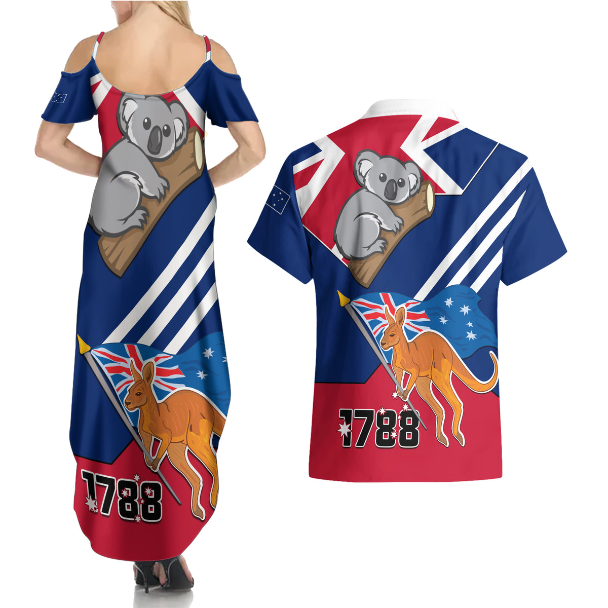 Australia Day Kangaroo and Koala With Flag Couples Matching Summer Maxi Dress and Hawaiian Shirt - Wonder Print Shop
