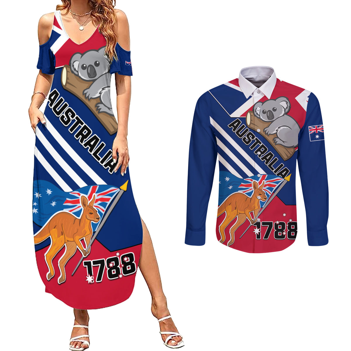 Australia Day Kangaroo and Koala With Flag Couples Matching Summer Maxi Dress and Long Sleeve Button Shirt - Wonder Print Shop