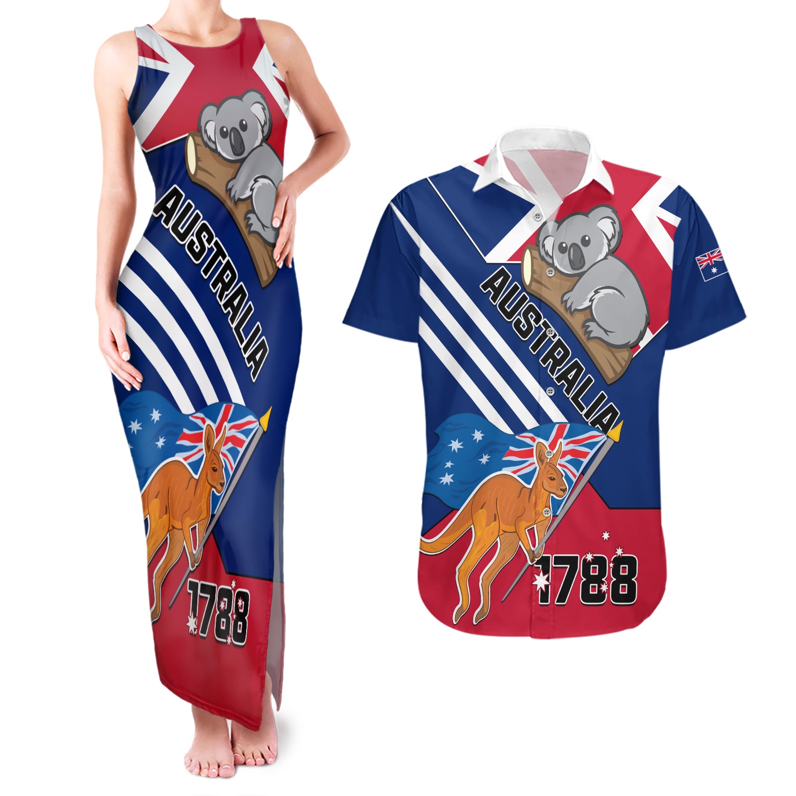 Australia Day Kangaroo and Koala With Flag Couples Matching Tank Maxi Dress and Hawaiian Shirt - Wonder Print Shop
