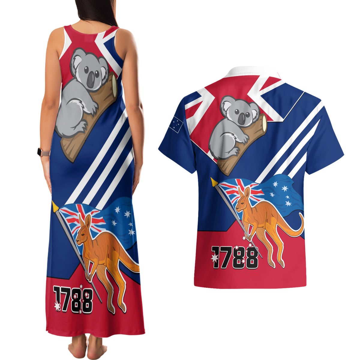 Australia Day Kangaroo and Koala With Flag Couples Matching Tank Maxi Dress and Hawaiian Shirt - Wonder Print Shop