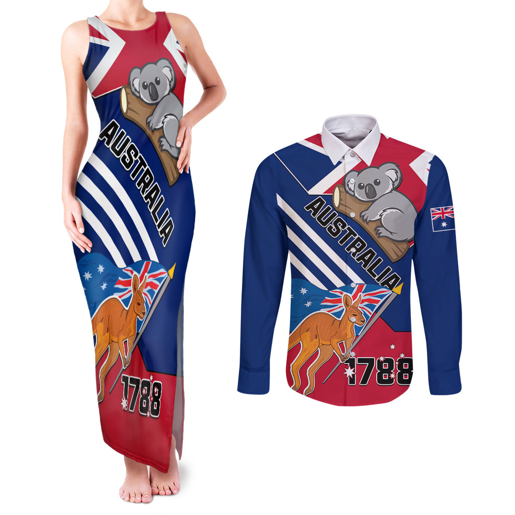 Australia Day Kangaroo and Koala With Flag Couples Matching Tank Maxi Dress and Long Sleeve Button Shirt - Wonder Print Shop