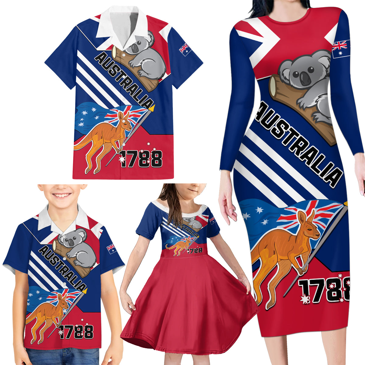 Australia Day Kangaroo and Koala With Flag Family Matching Long Sleeve Bodycon Dress and Hawaiian Shirt - Wonder Print Shop