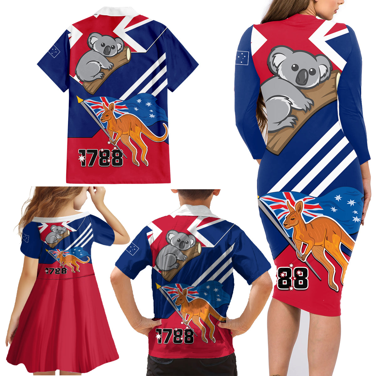 Australia Day Kangaroo and Koala With Flag Family Matching Long Sleeve Bodycon Dress and Hawaiian Shirt - Wonder Print Shop