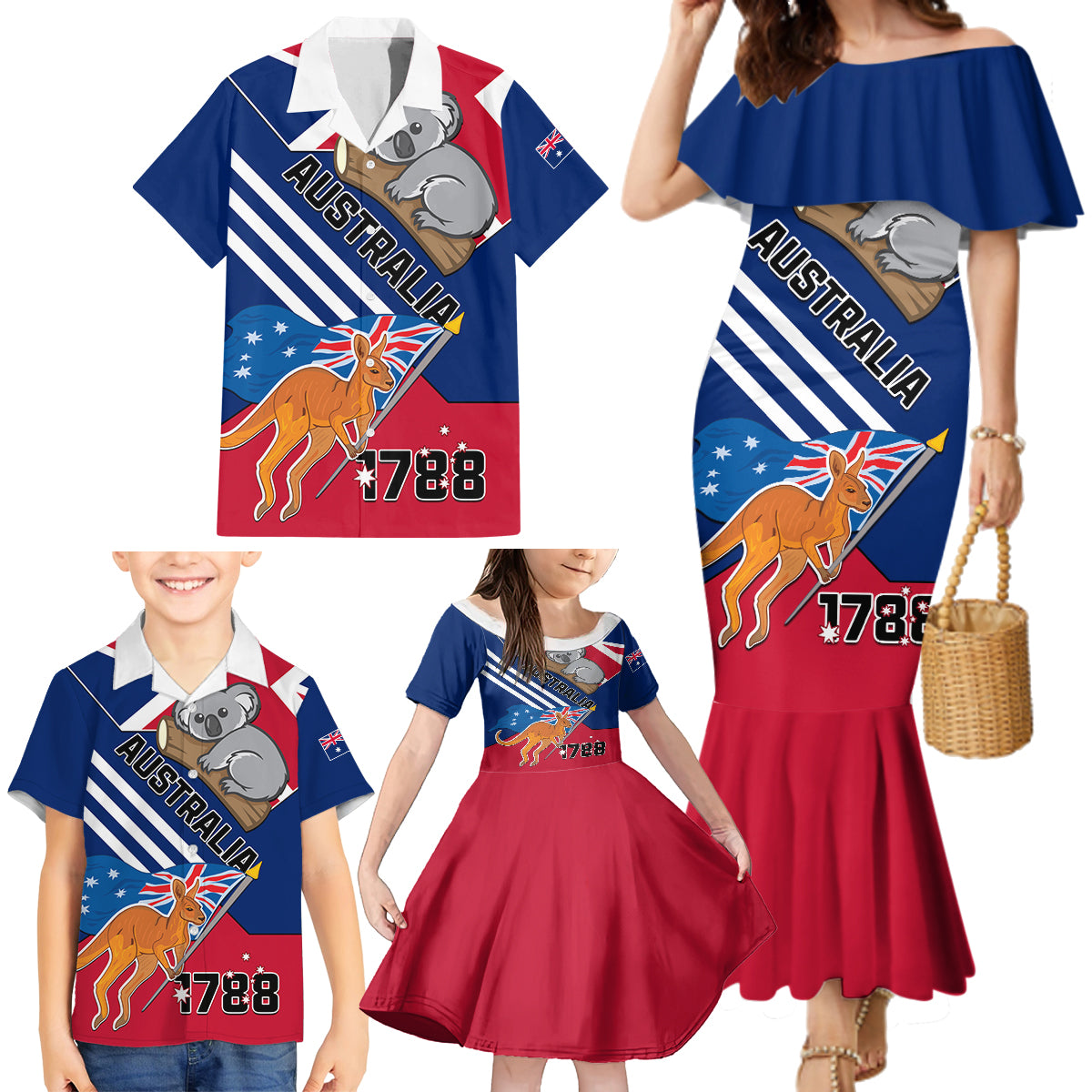 Australia Day Kangaroo and Koala With Flag Family Matching Mermaid Dress and Hawaiian Shirt - Wonder Print Shop