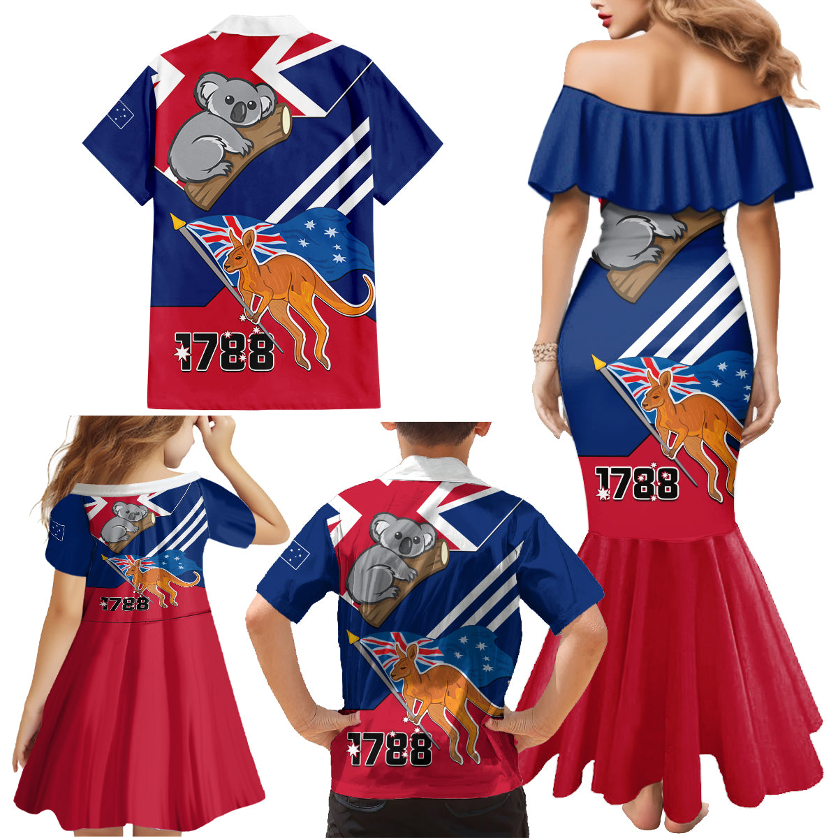 Australia Day Kangaroo and Koala With Flag Family Matching Mermaid Dress and Hawaiian Shirt - Wonder Print Shop
