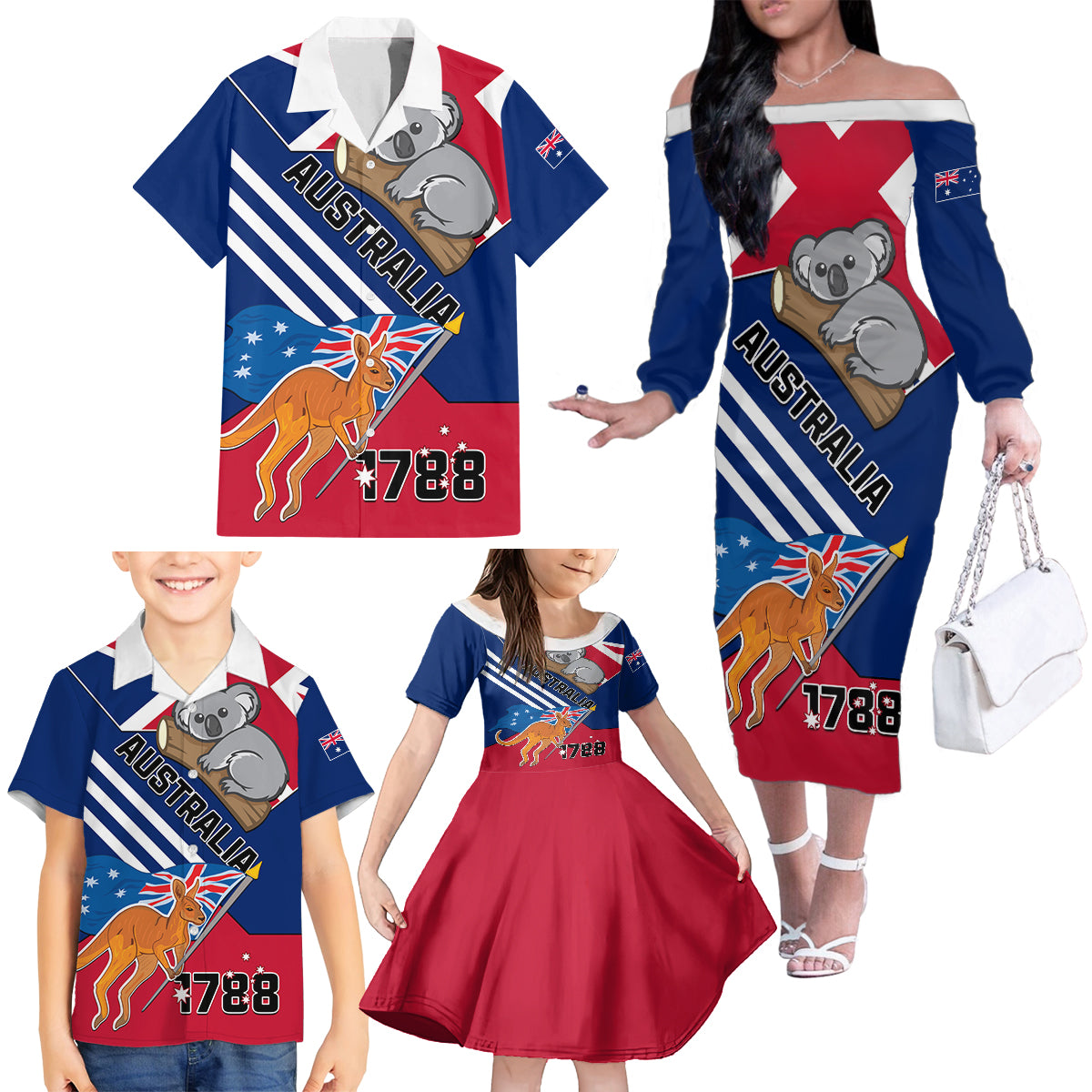 Australia Day Kangaroo and Koala With Flag Family Matching Off Shoulder Long Sleeve Dress and Hawaiian Shirt - Wonder Print Shop