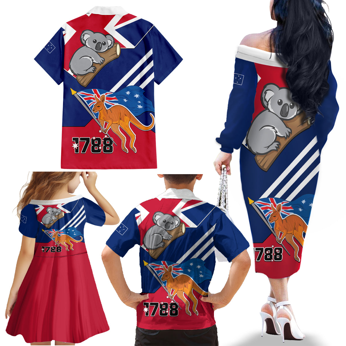 Australia Day Kangaroo and Koala With Flag Family Matching Off Shoulder Long Sleeve Dress and Hawaiian Shirt - Wonder Print Shop