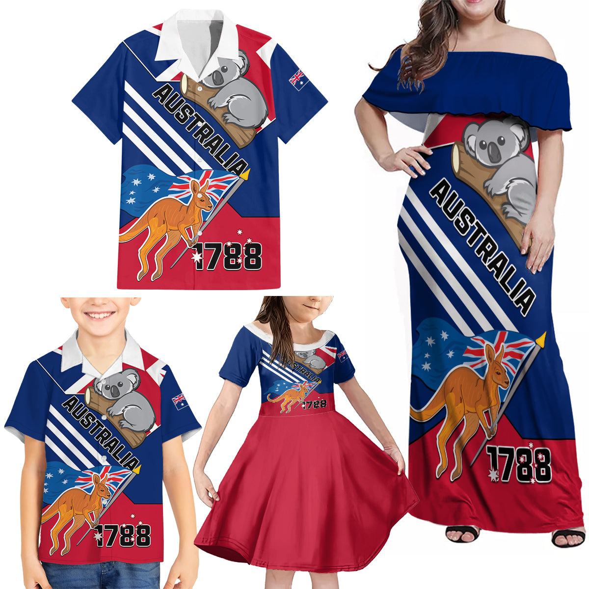 Australia Day Kangaroo and Koala With Flag Family Matching Off Shoulder Maxi Dress and Hawaiian Shirt - Wonder Print Shop