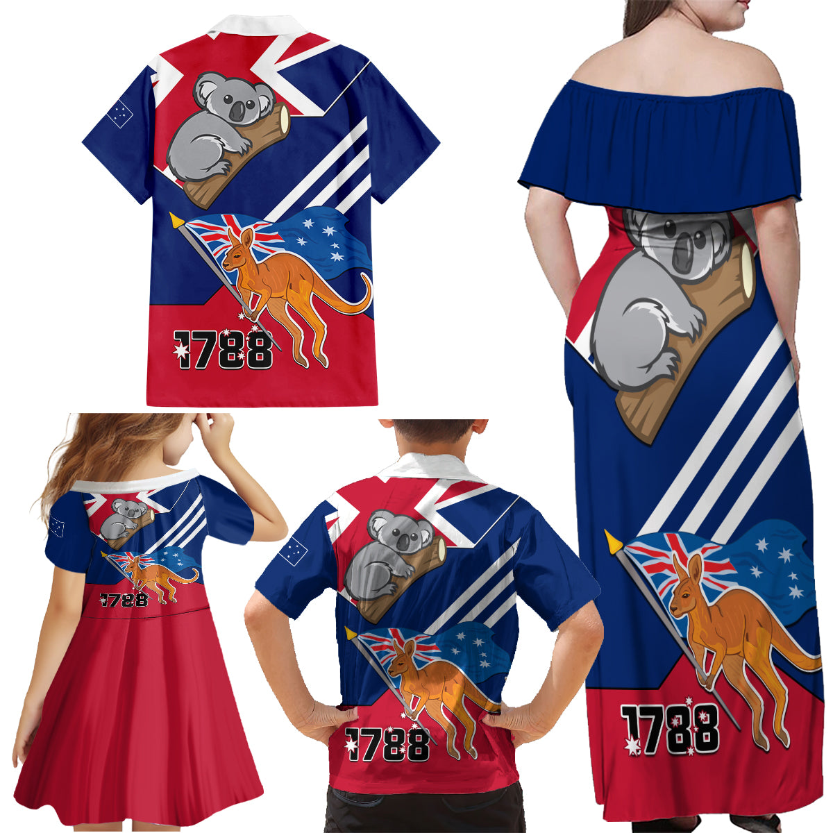 Australia Day Kangaroo and Koala With Flag Family Matching Off Shoulder Maxi Dress and Hawaiian Shirt - Wonder Print Shop
