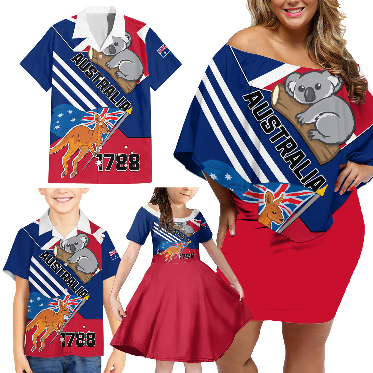 Australia Day Kangaroo and Koala With Flag Family Matching Off Shoulder Short Dress and Hawaiian Shirt - Wonder Print Shop