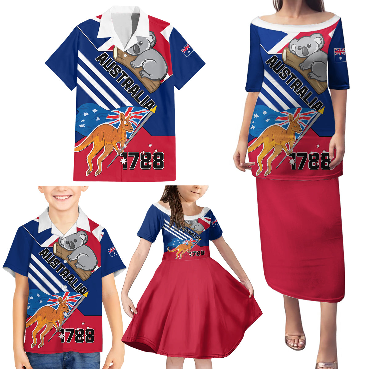 Australia Day Kangaroo and Koala With Flag Family Matching Puletasi Dress and Hawaiian Shirt - Wonder Print Shop