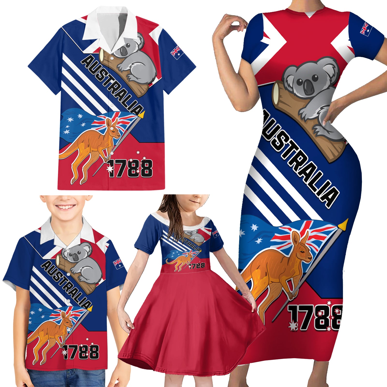 Australia Day Kangaroo and Koala With Flag Family Matching Short Sleeve Bodycon Dress and Hawaiian Shirt - Wonder Print Shop