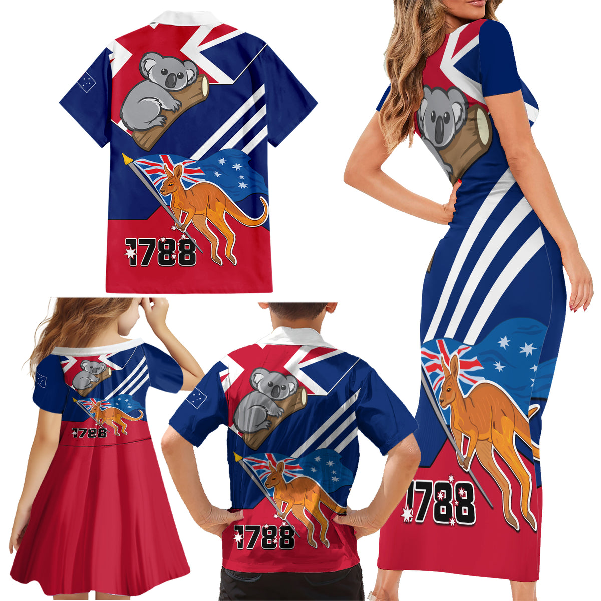 Australia Day Kangaroo and Koala With Flag Family Matching Short Sleeve Bodycon Dress and Hawaiian Shirt - Wonder Print Shop