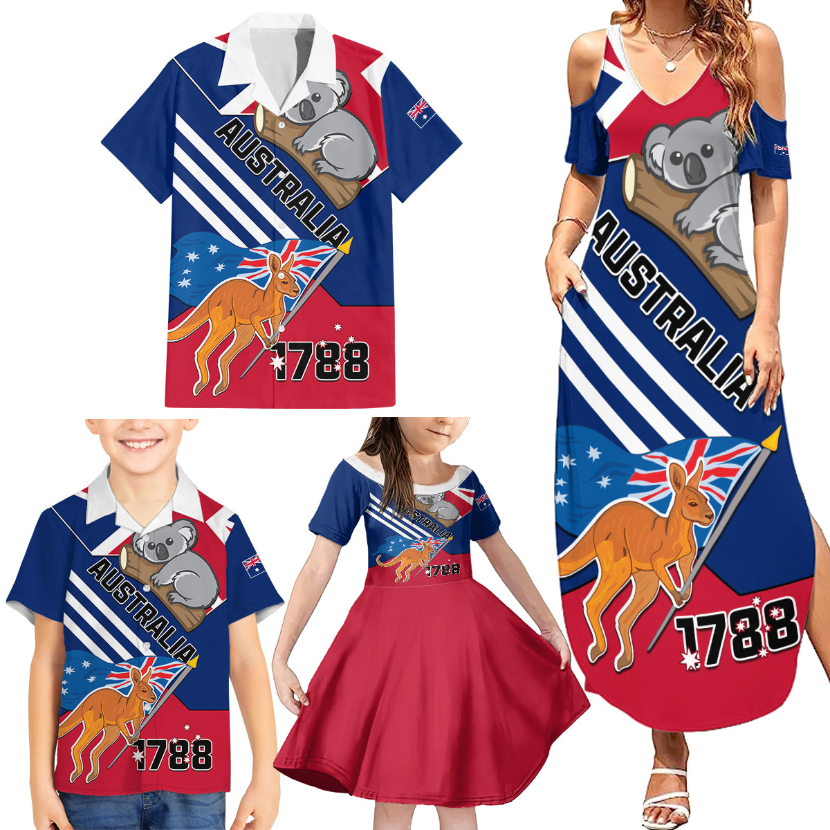 Australia Day Kangaroo and Koala With Flag Family Matching Summer Maxi Dress and Hawaiian Shirt - Wonder Print Shop