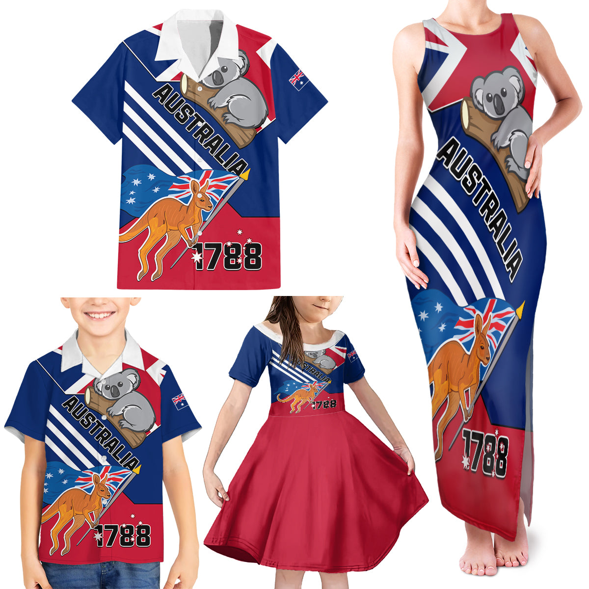 Australia Day Kangaroo and Koala With Flag Family Matching Tank Maxi Dress and Hawaiian Shirt - Wonder Print Shop