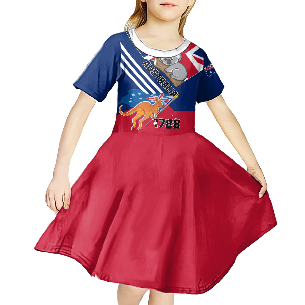 Australia Day Kangaroo and Koala With Flag Kid Short Sleeve Dress - Wonder Print Shop