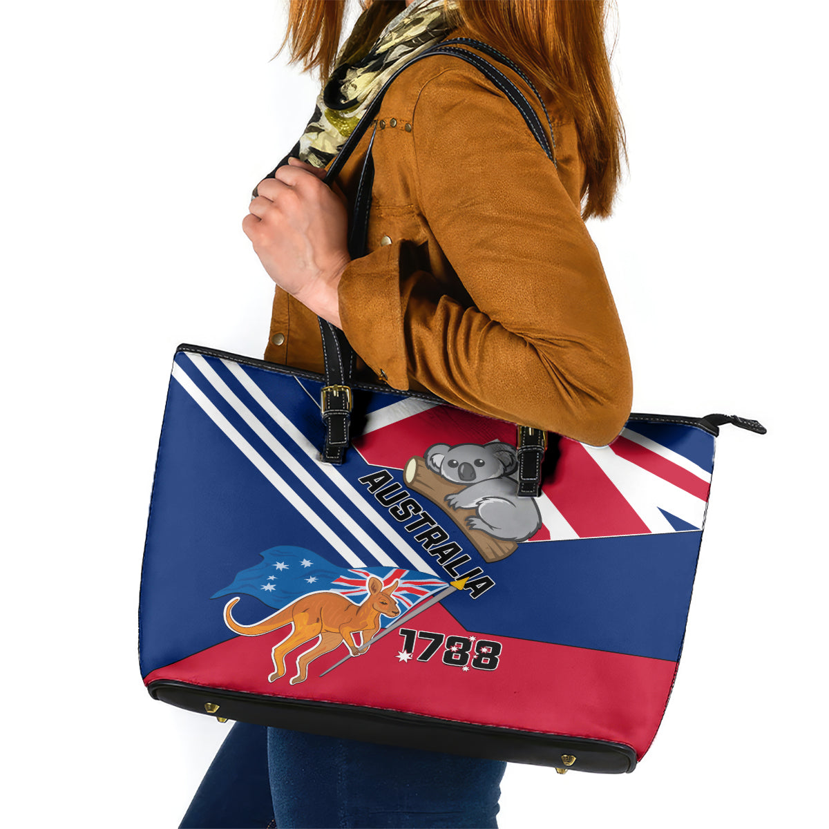 Australia Day Kangaroo and Koala With Flag Leather Tote Bag - Wonder Print Shop