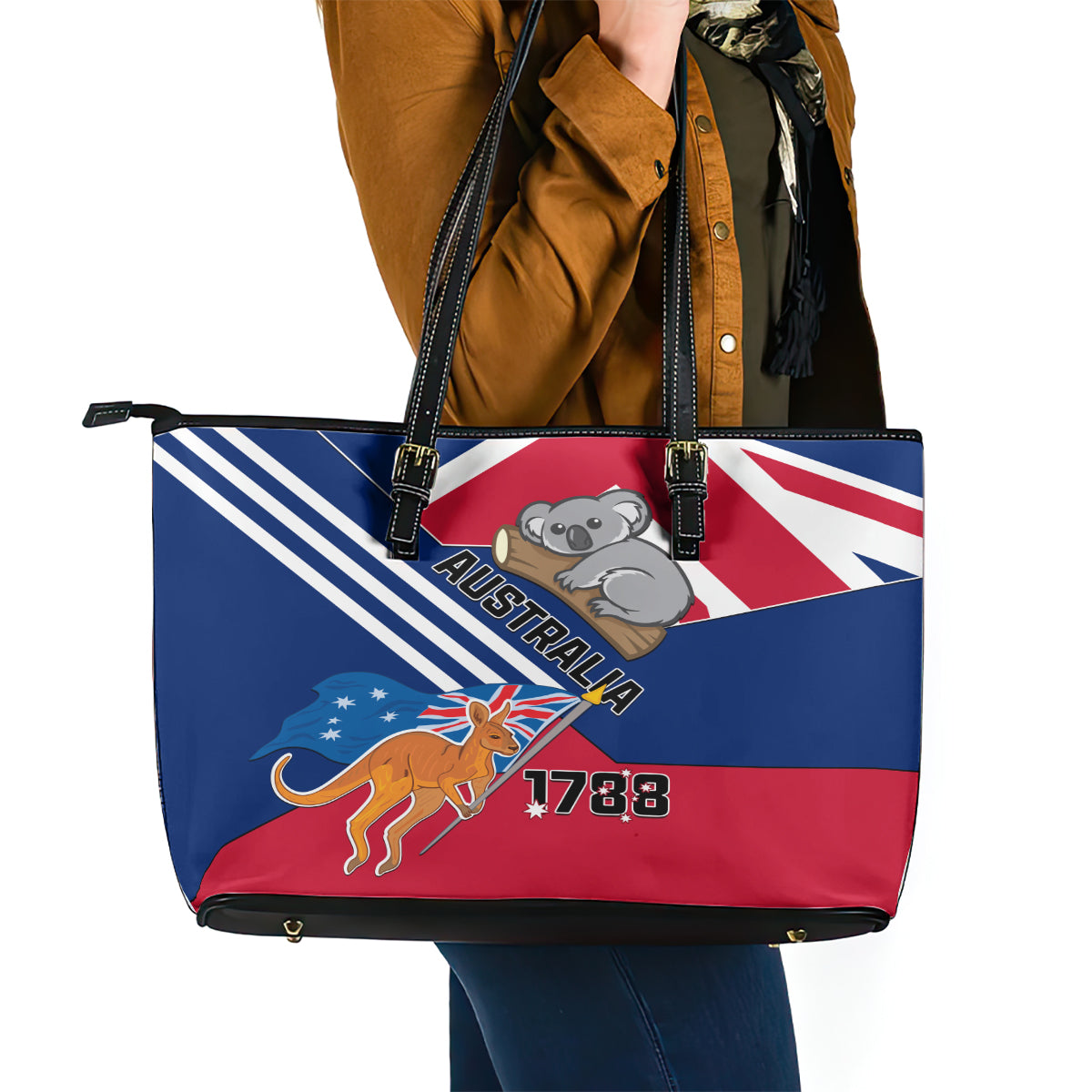 Australia Day Kangaroo and Koala With Flag Leather Tote Bag - Wonder Print Shop