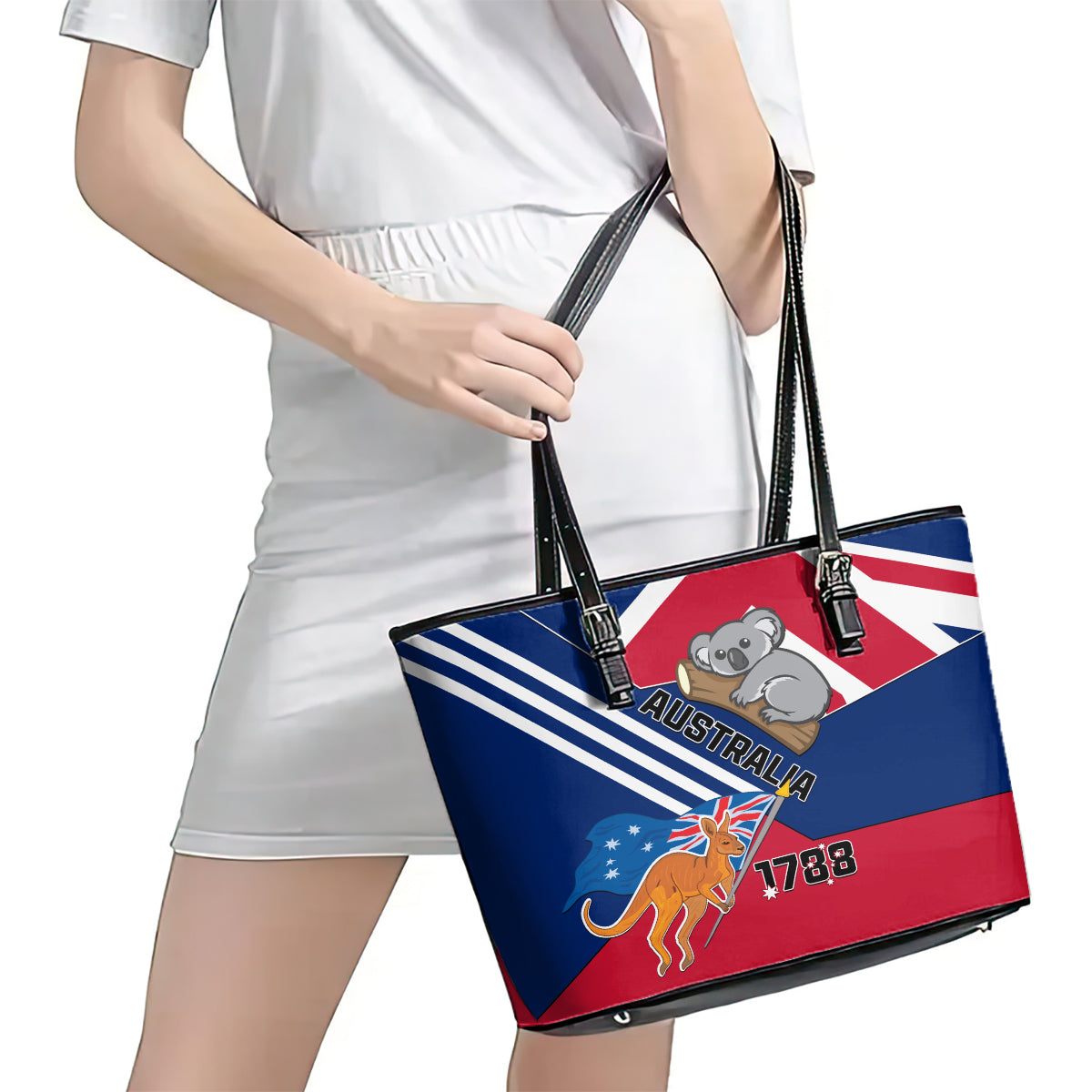 Australia Day Kangaroo and Koala With Flag Leather Tote Bag - Wonder Print Shop
