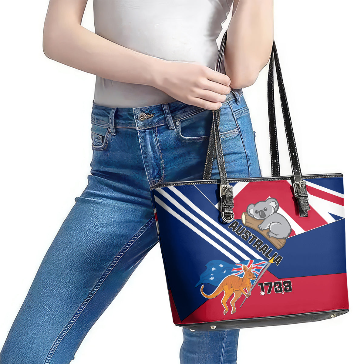Australia Day Kangaroo and Koala With Flag Leather Tote Bag - Wonder Print Shop