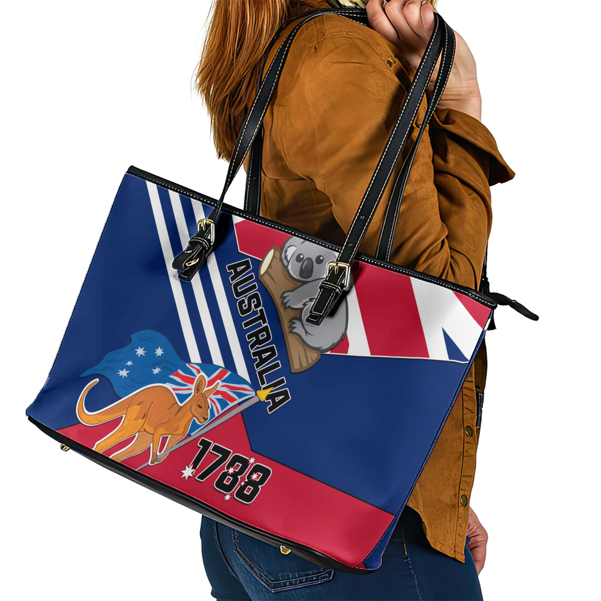 Australia Day Kangaroo and Koala With Flag Leather Tote Bag - Wonder Print Shop