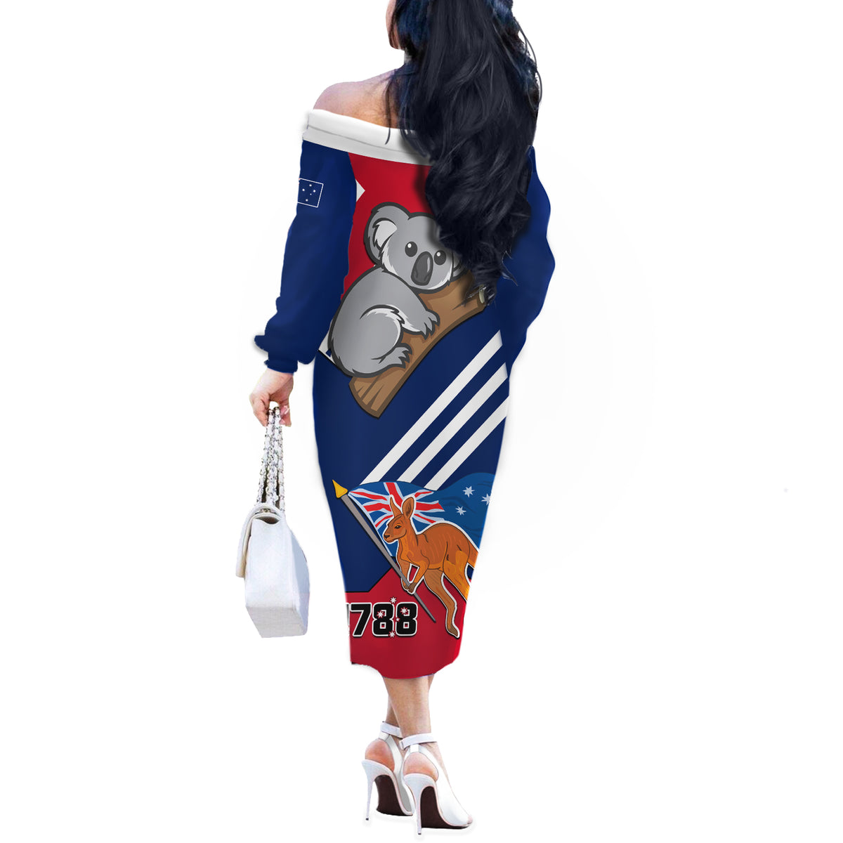 Australia Day Kangaroo and Koala With Flag Off The Shoulder Long Sleeve Dress - Wonder Print Shop
