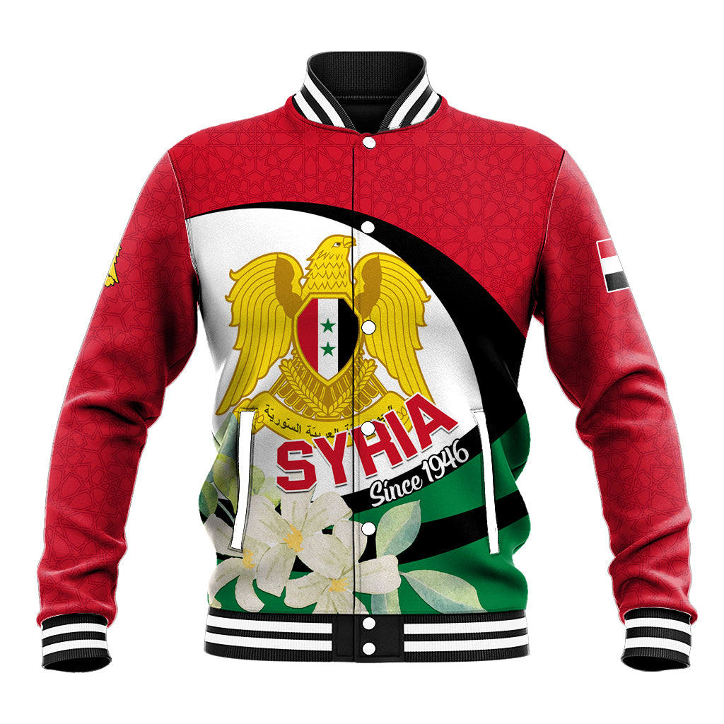 Syria Independence Day Baseball Jacket Syrian Coat Of Arms With Jasmine Flower - Wonder Print Shop