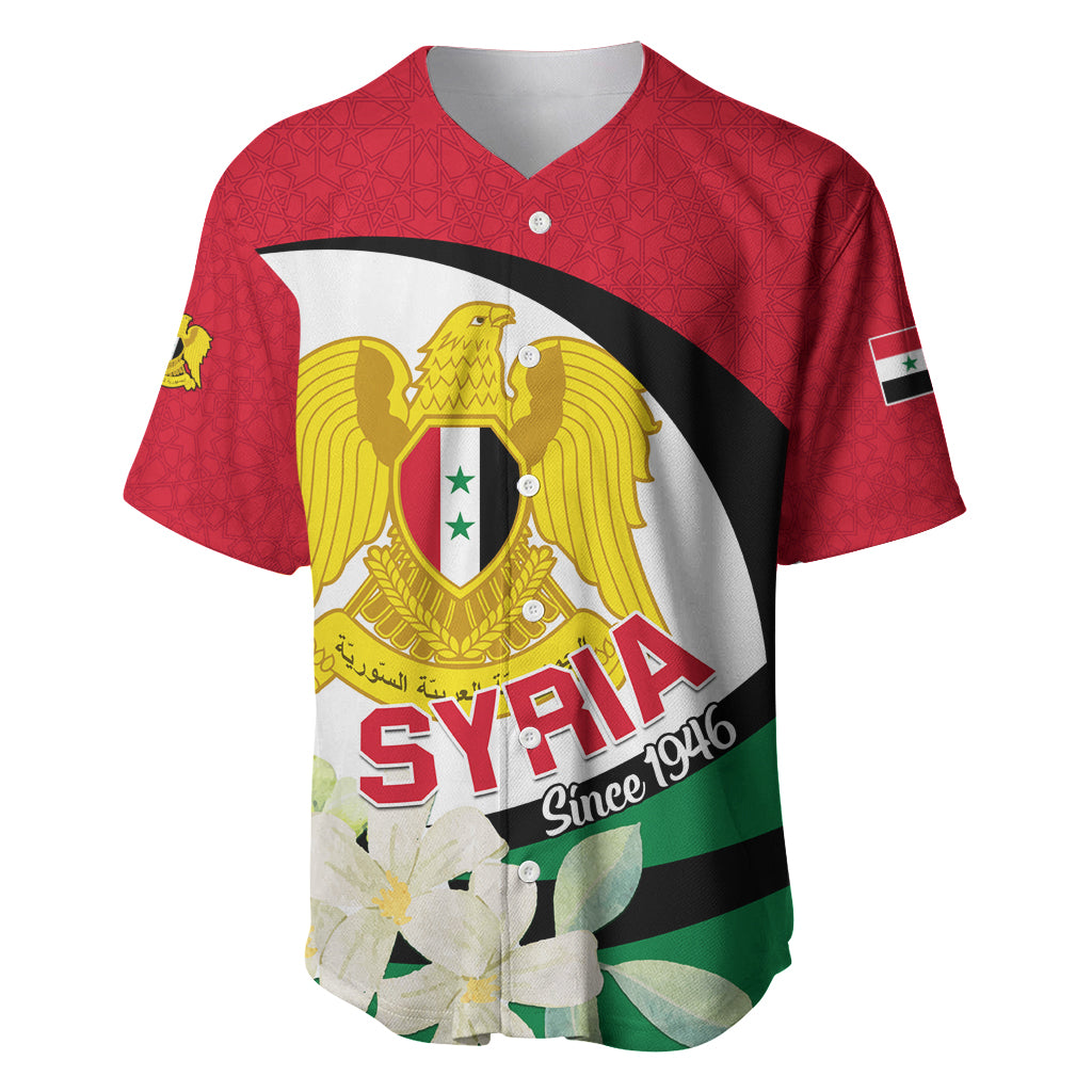 Syria Independence Day Baseball Jersey Syrian Coat Of Arms With Jasmine Flower - Wonder Print Shop
