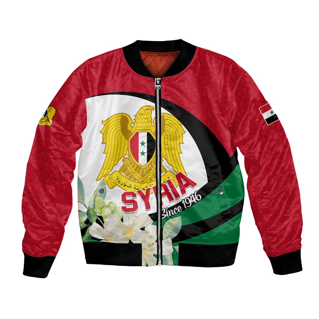 Syria Independence Day Bomber Jacket Syrian Coat Of Arms With Jasmine Flower - Wonder Print Shop