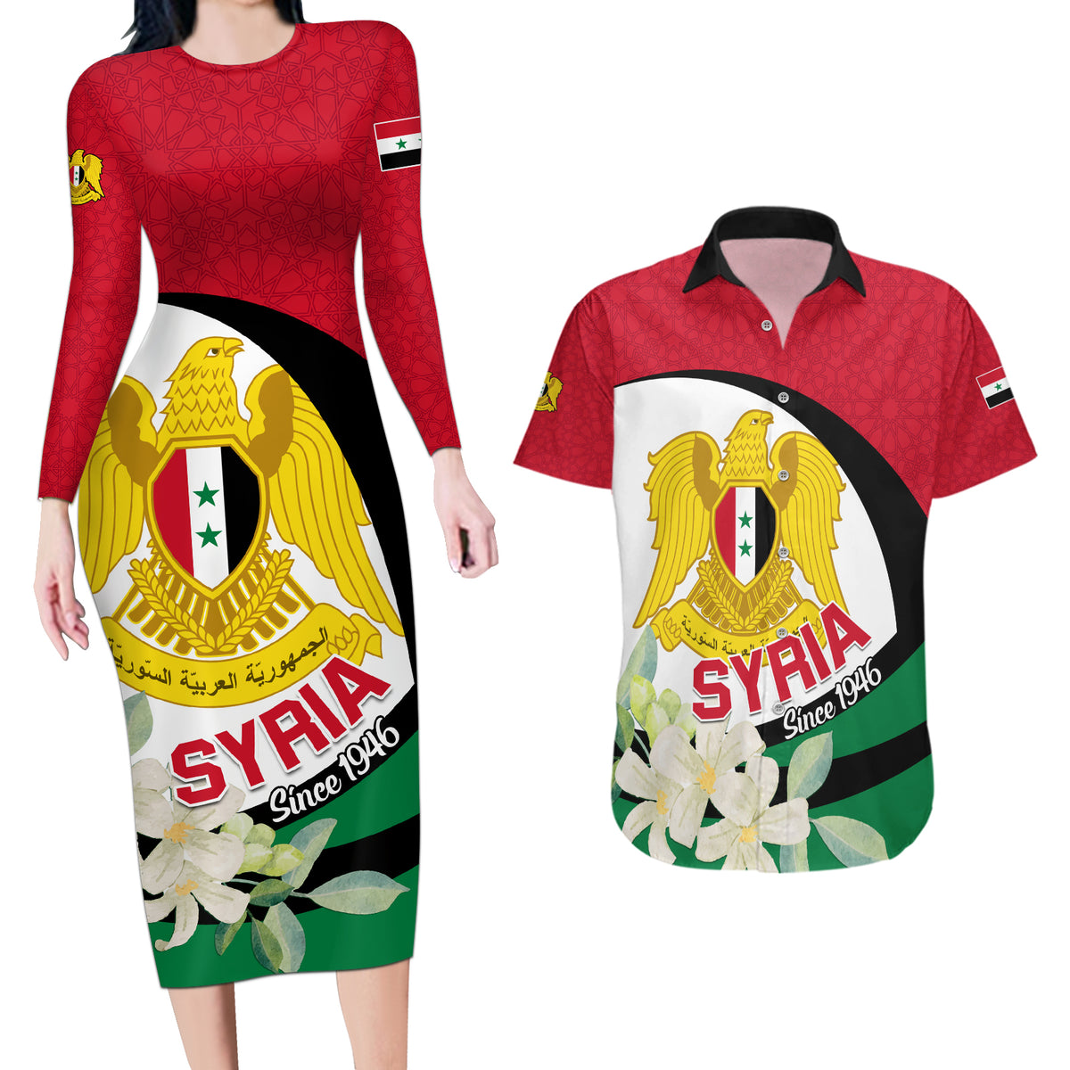 Syria Independence Day Couples Matching Long Sleeve Bodycon Dress and Hawaiian Shirt Syrian Coat Of Arms With Jasmine Flower - Wonder Print Shop