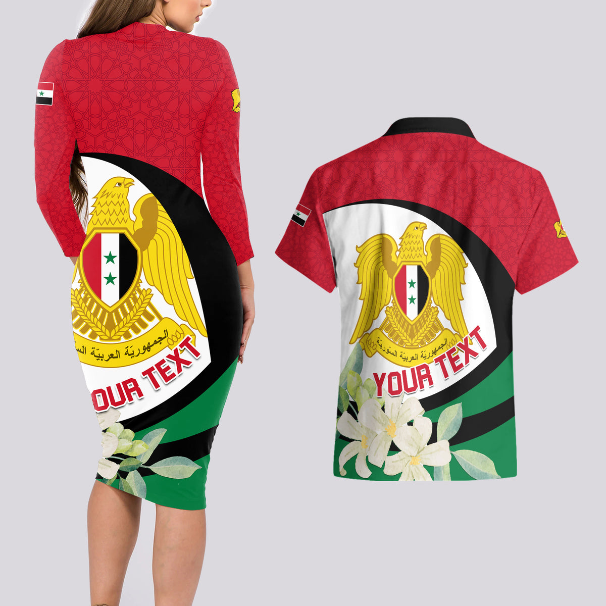 Syria Independence Day Couples Matching Long Sleeve Bodycon Dress and Hawaiian Shirt Syrian Coat Of Arms With Jasmine Flower - Wonder Print Shop