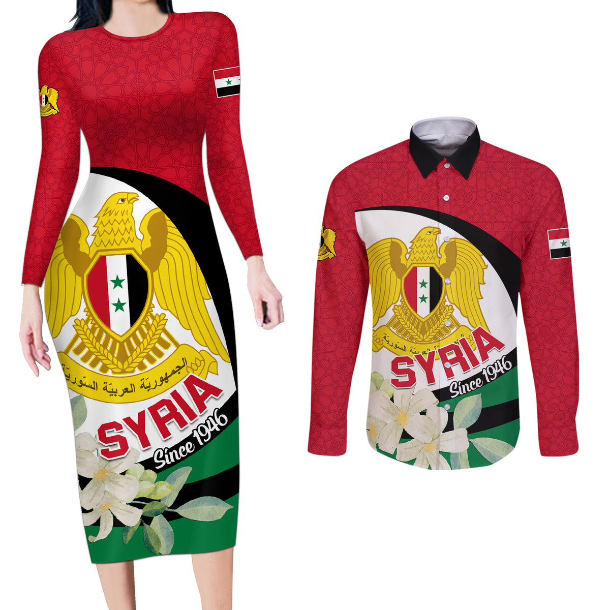 Syria Independence Day Couples Matching Long Sleeve Bodycon Dress and Long Sleeve Button Shirt Syrian Coat Of Arms With Jasmine Flower - Wonder Print Shop