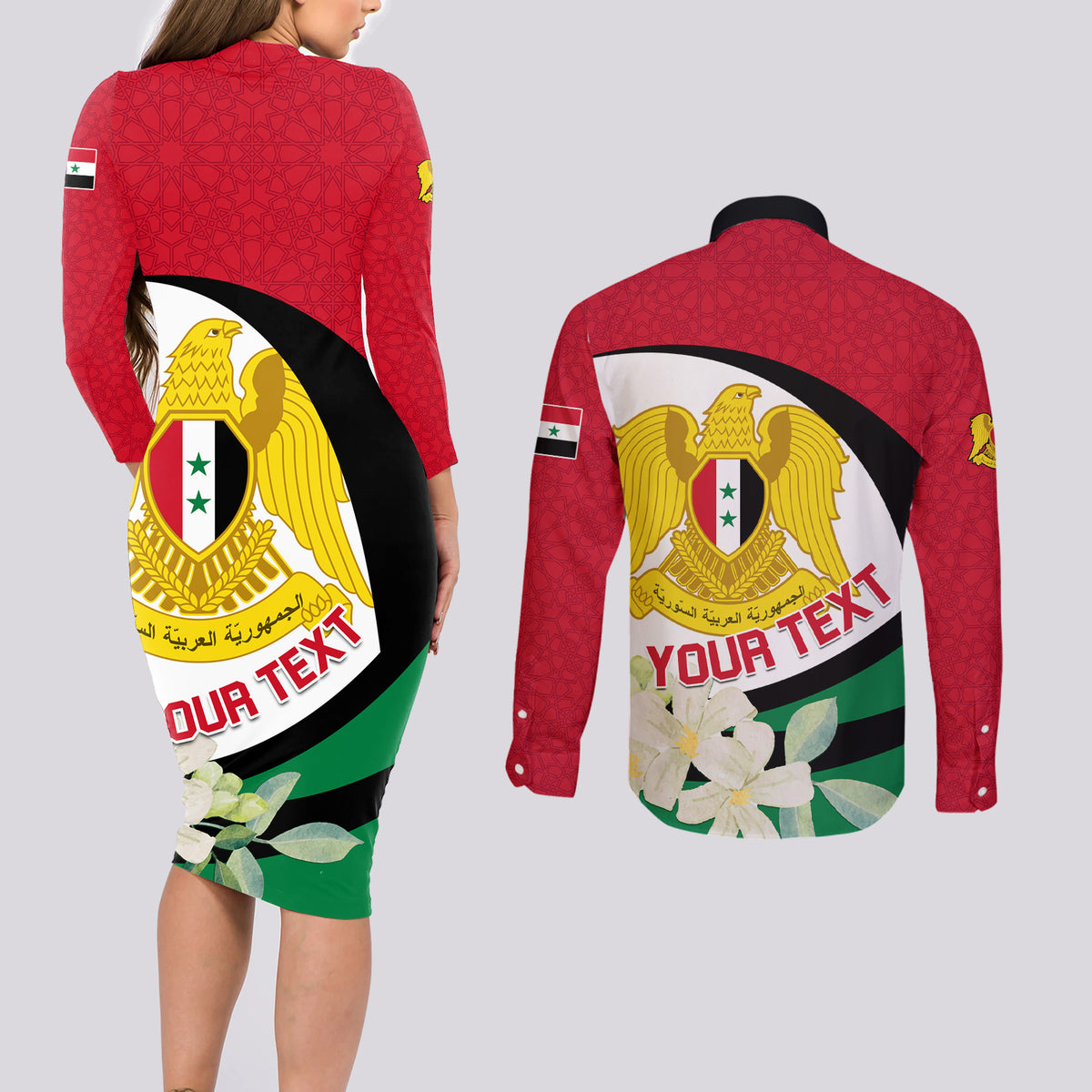 Syria Independence Day Couples Matching Long Sleeve Bodycon Dress and Long Sleeve Button Shirt Syrian Coat Of Arms With Jasmine Flower - Wonder Print Shop