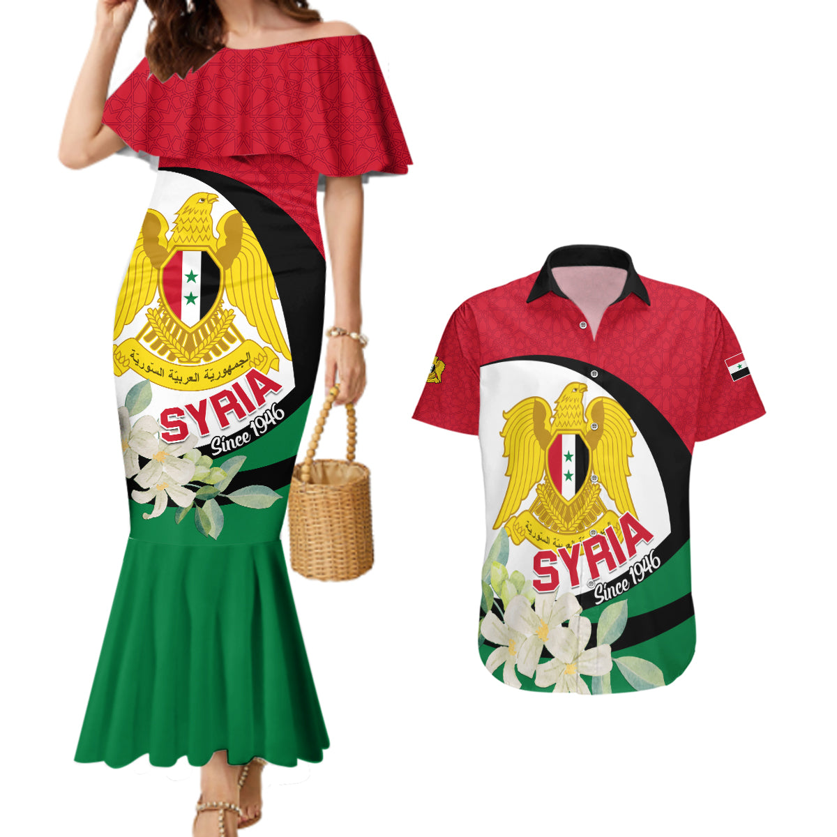Syria Independence Day Couples Matching Mermaid Dress and Hawaiian Shirt Syrian Coat Of Arms With Jasmine Flower - Wonder Print Shop