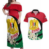 Syria Independence Day Couples Matching Off Shoulder Maxi Dress and Hawaiian Shirt Syrian Coat Of Arms With Jasmine Flower - Wonder Print Shop