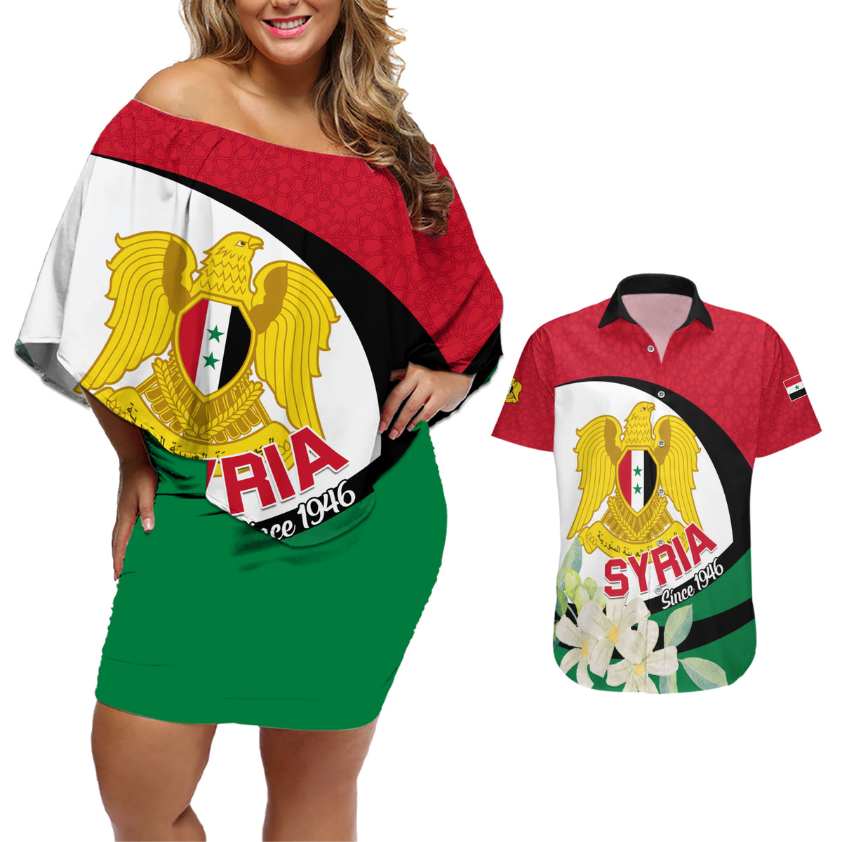 Syria Independence Day Couples Matching Off Shoulder Short Dress and Hawaiian Shirt Syrian Coat Of Arms With Jasmine Flower - Wonder Print Shop