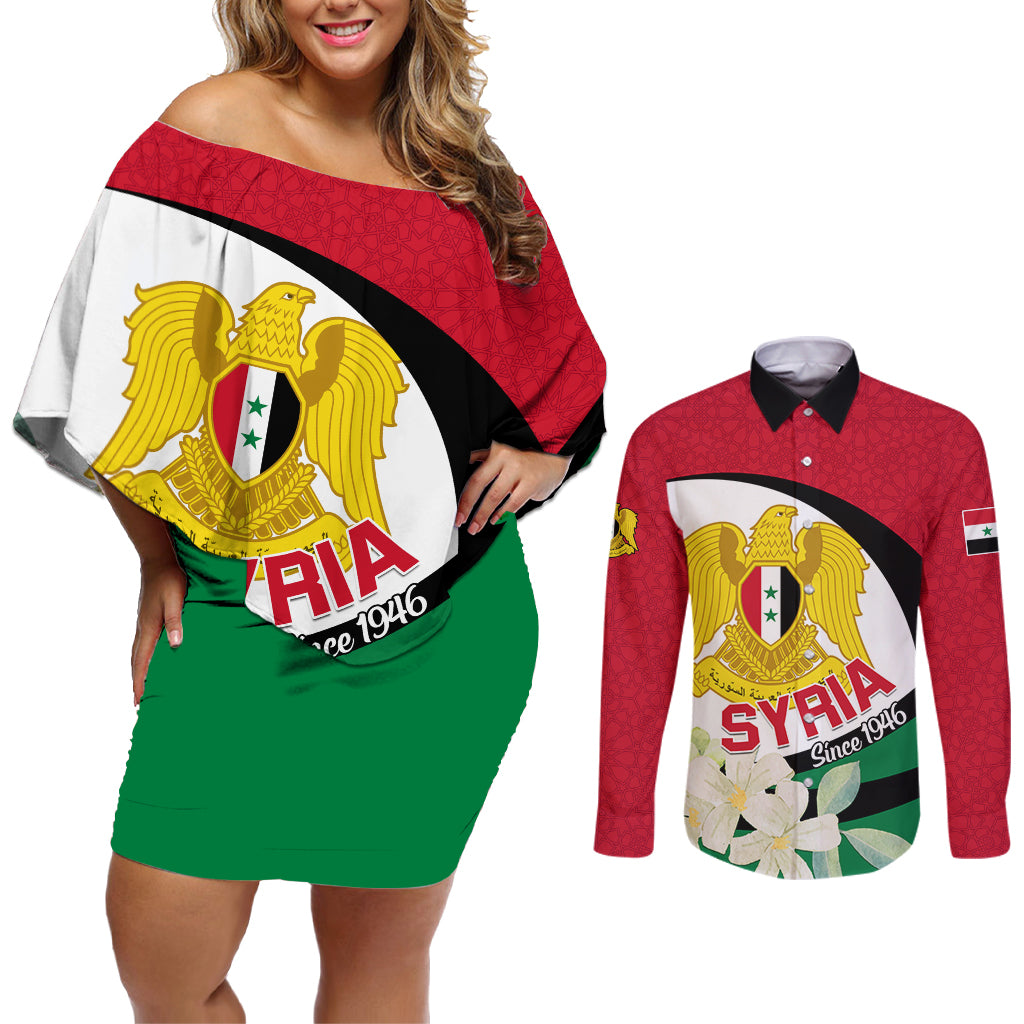 Syria Independence Day Couples Matching Off Shoulder Short Dress and Long Sleeve Button Shirt Syrian Coat Of Arms With Jasmine Flower - Wonder Print Shop