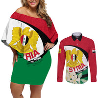 Syria Independence Day Couples Matching Off Shoulder Short Dress and Long Sleeve Button Shirt Syrian Coat Of Arms With Jasmine Flower - Wonder Print Shop