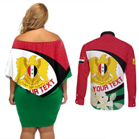 Syria Independence Day Couples Matching Off Shoulder Short Dress and Long Sleeve Button Shirt Syrian Coat Of Arms With Jasmine Flower - Wonder Print Shop